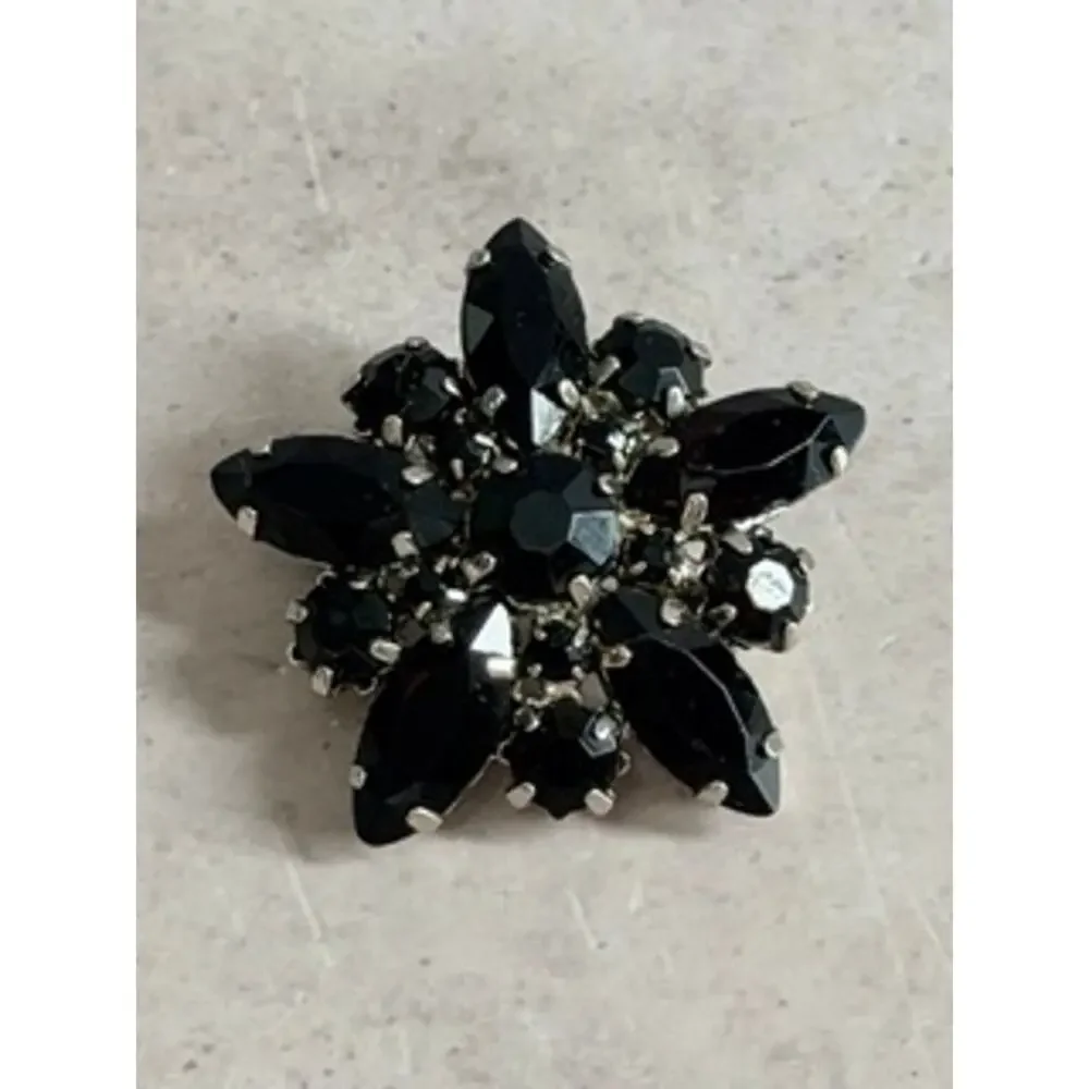 Vintage Black Rhinestone Floral Starburst Brooch Silver Tone Statement Pin